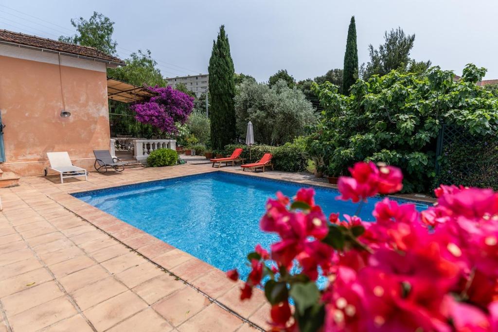 - une piscine dans une cour ornée de fleurs roses dans l'établissement Havre de paix au pied du Faron, à Toulon