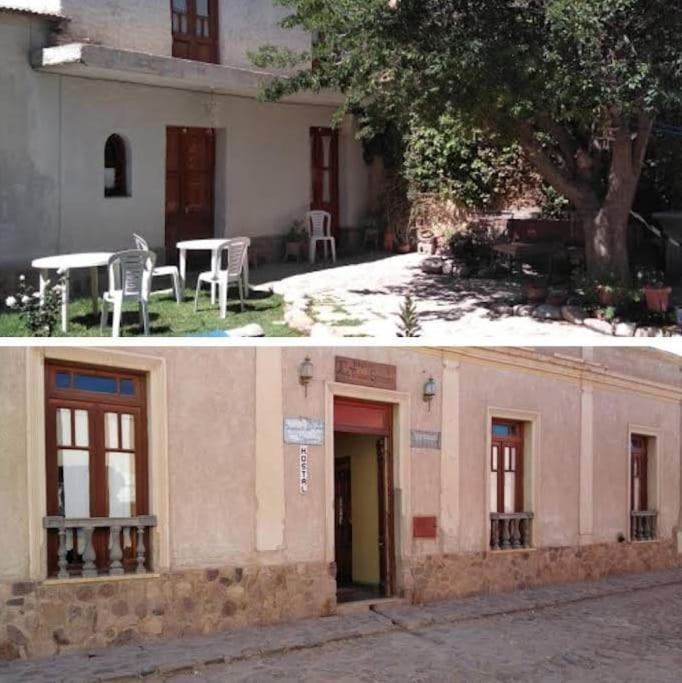 two pictures of a building with a table and a door at La Maison Enchantee in Humahuaca