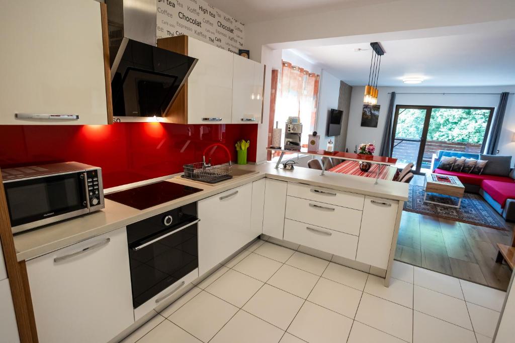 Kuchyň nebo kuchyňský kout v ubytování CABANA BERNER stațiunea Mogoșa