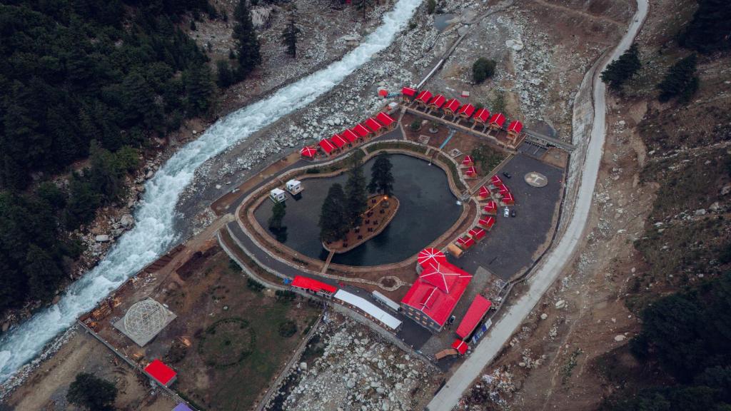 an aerial view of a train station next to a river at Azure Lagoon Resort 