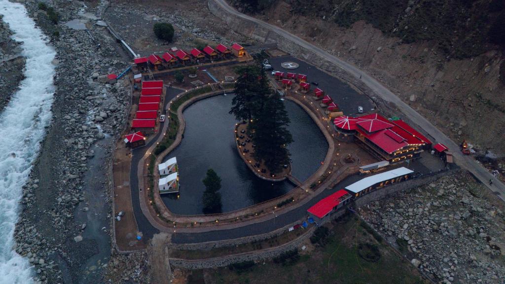 an overhead view of a train station with a lake at Azure Lagoon Resort 