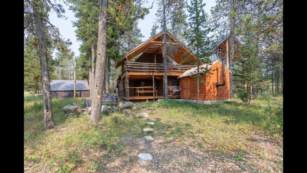 a log cabin in the middle of a forest at Blue Springs Pond Cabin - Near Yellowstone - Hot Tub in Island Park