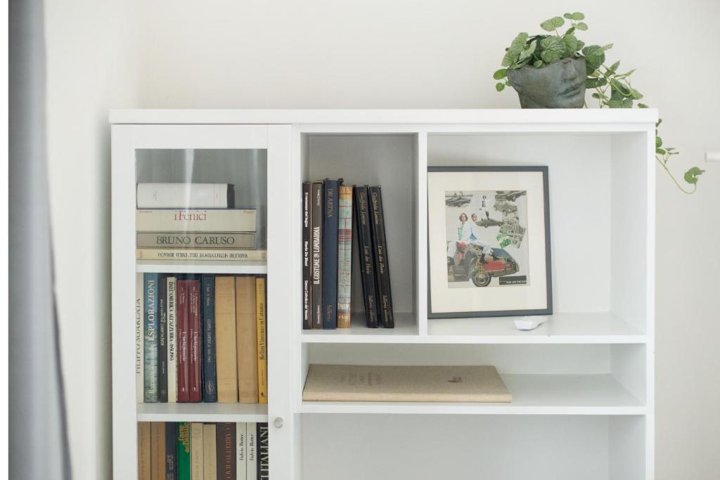 a white book shelf with books and a potted plant at Thomas House on Train Tracks in Mestre