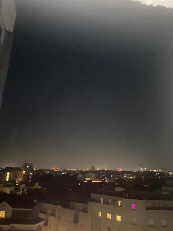 une vue sur les toits d'une ville la nuit dans l'établissement Bel appartement à Paris, à Paris