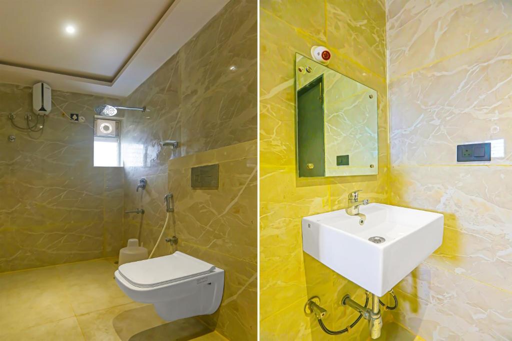 two pictures of a bathroom with a sink and a toilet at Super Hotel O Botcha Convection in Visakhapatnam