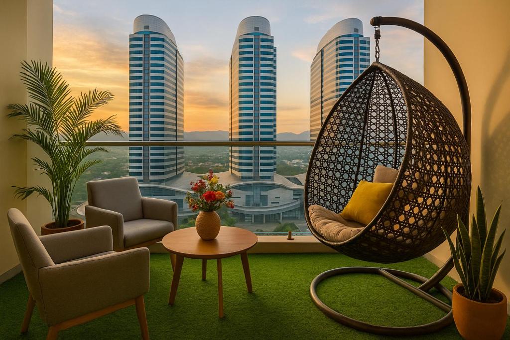 a room with a hanging hammock in front of a window at Elysium Highrise Executive Apartments Opposite Centaurus Mall Isb in Islamabad
