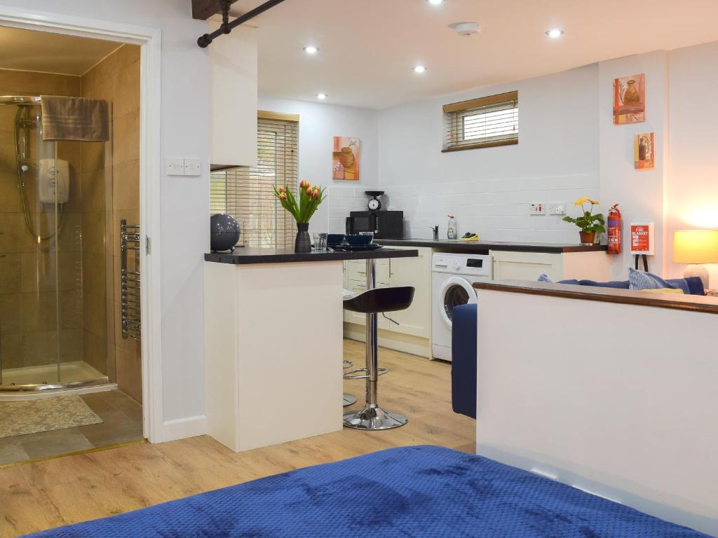 a kitchen and living room with a shower and a counter at The Studio in Long Hanborough