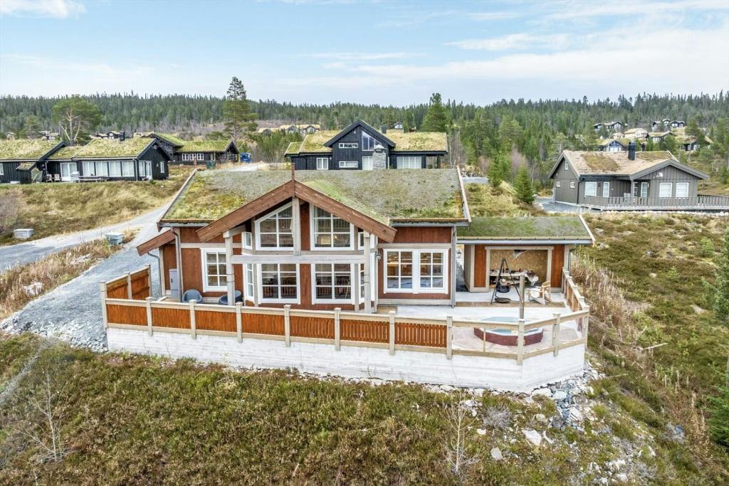 an aerial view of a house with a grass roof at High-Standard Cabin In Beautiful Rauland in Rauland