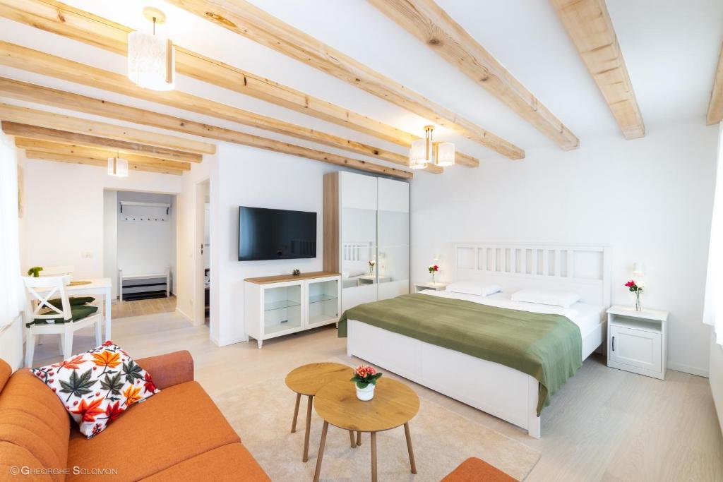 Un dormitorio con una cama y una sala de estar. en Red Fountain Studio, en Brasov