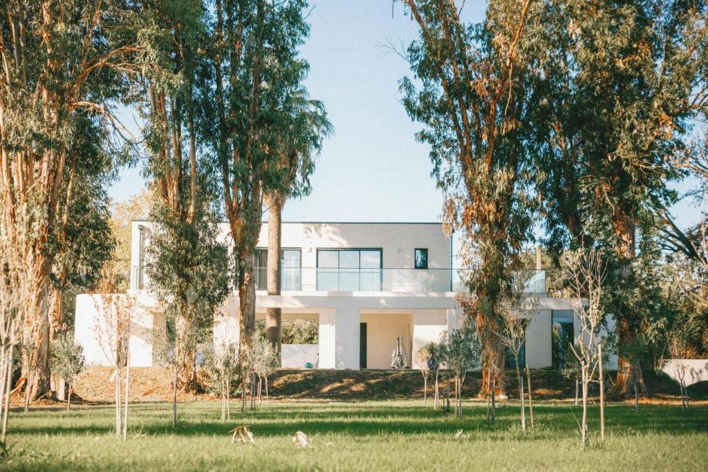 une maison blanche avec des arbres devant dans l'établissement Elegance And Nature Design House In Corsica, à Taglio-Isolaccio