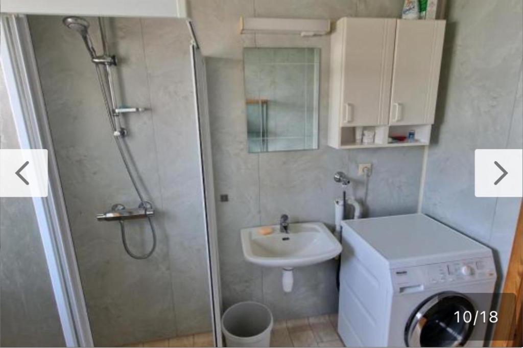 y baño con ducha, lavabo y lavadora. en Rom i bofelleskap, en Sogndal