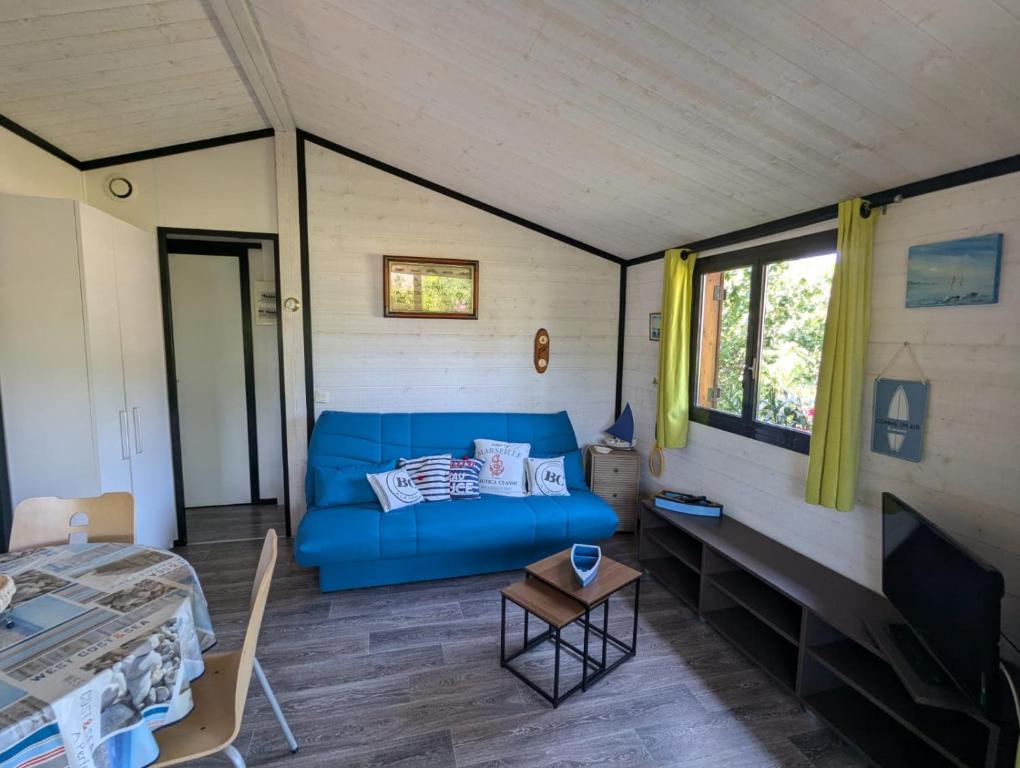 un salon avec un canapé bleu dans une pièce dans l'établissement Cottage nature, clim, piscine, à Solliès-Toucas