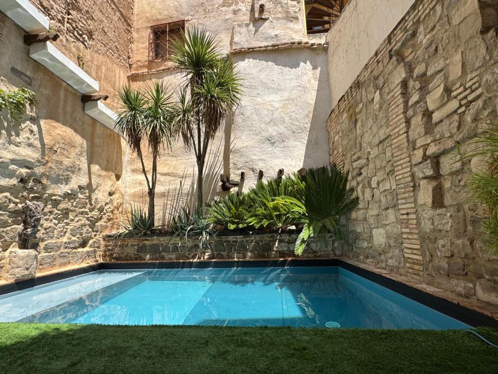 a swimming pool in a building with trees and plants at 5 Sentidos - Suites de Lujo in Tudela