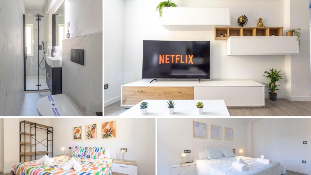 ein Wohnzimmer mit einem TV und einem Bett in einem Zimmer in der Unterkunft Santander Centro I 4 hab I Ocio I Wifi I Moderno in Santander