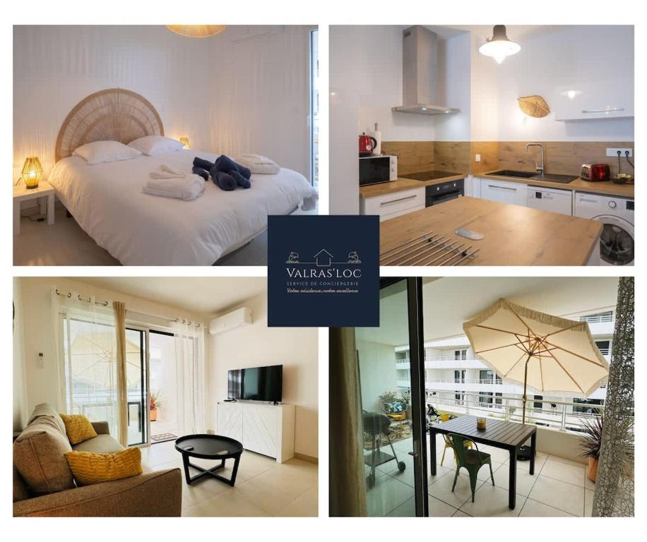 un collage de trois photos d'une cuisine et d'une chambre dans l'établissement Valras-Loc Archipel Panarea Terrasse et Vue Mer, à Valras-Plage