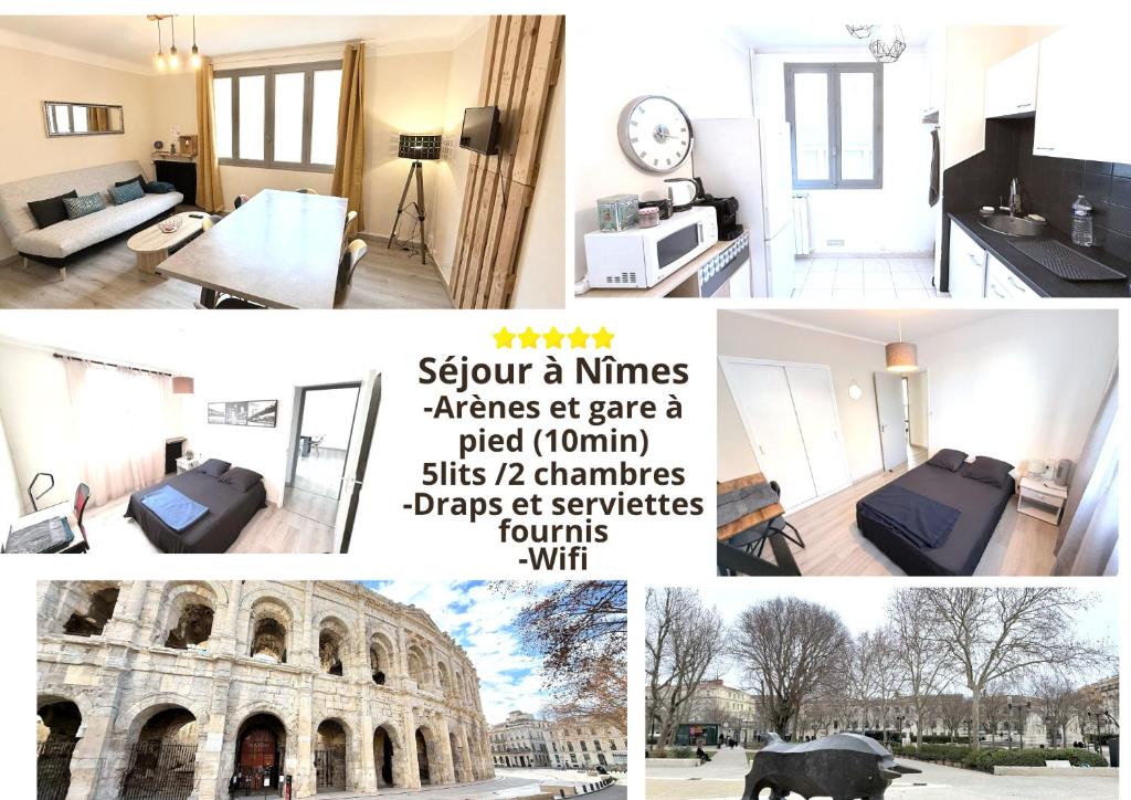 un collage de photos d'un bâtiment dans l'établissement Les Arènes de Nîmes - Centre ville 10 min Gare -Parking- 2 chambres, à Nîmes