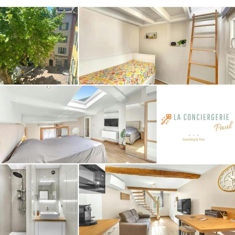 un collage de photos d'une chambre dans l'établissement Lovely Place le charme près des commerces, à Lorgues