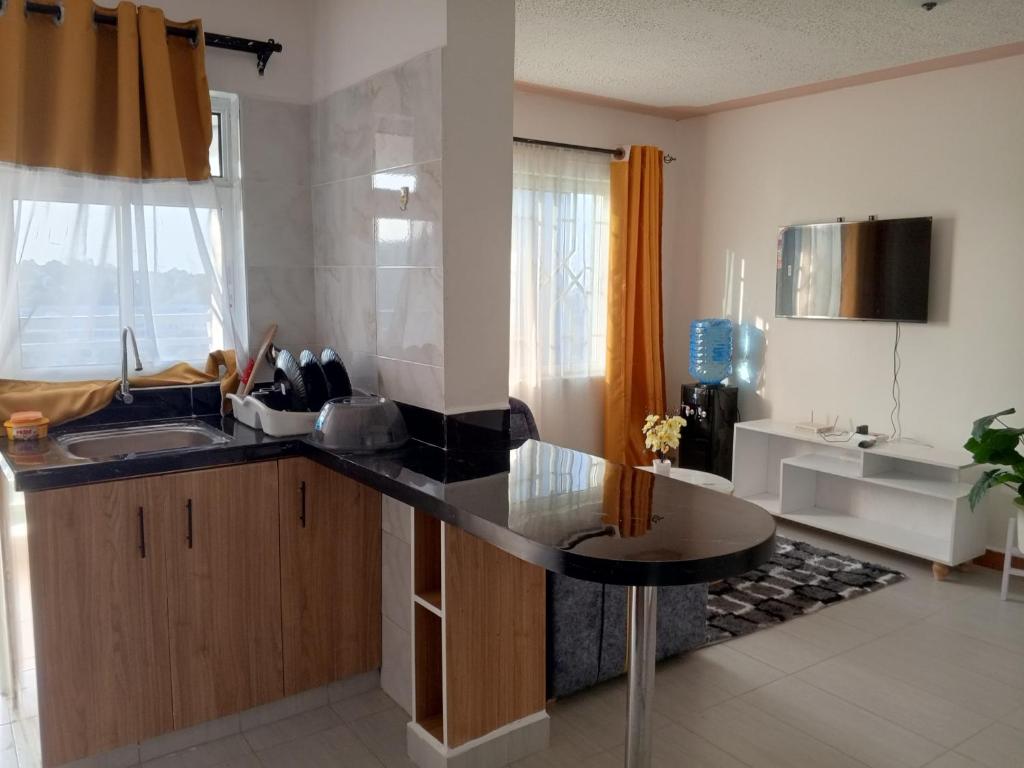 a kitchen with a sink and a counter top at Luqman Apartments in Meru