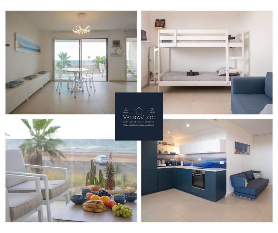 un collage de quatre photos d'un salon et d'une chambre dans l'établissement Valras-Loc Archipel Capri Evasion avec Vue sur Mer, à Valras-Plage