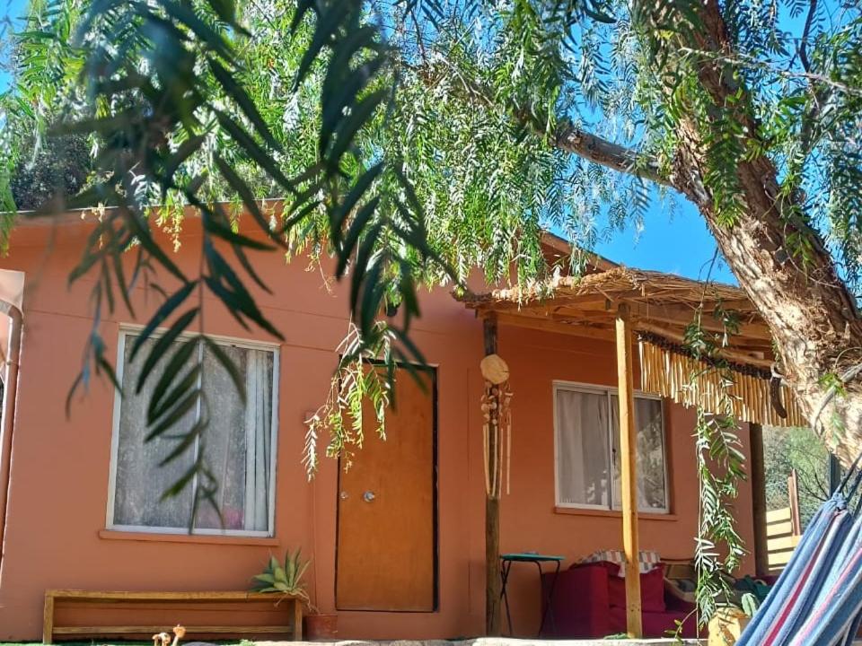 a pink house with a bench in front of it at Cabaña valle de elqui horcon Encantó del pimiento in Horcon