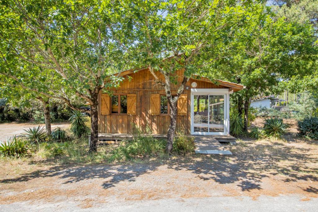 une petite cabane avec un arbre en face de celle-ci dans l'établissement Bungalow Californie 48, à Vendays-Montalivet
