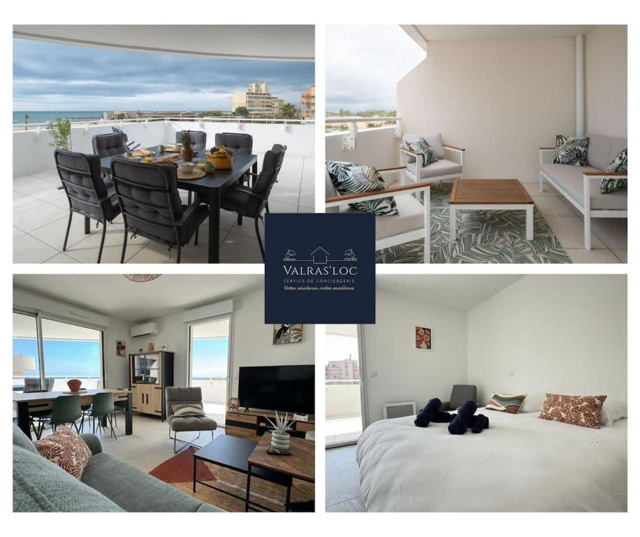 un collage de photos d'un salon et d'une chambre dans l'établissement Valras-Loc Archipel Panarea Horizon Bleu, à Valras-Plage