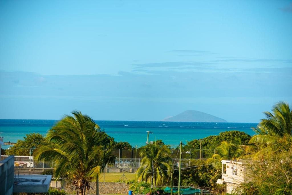 a view of the ocean and palm trees at La Kaza Famillia in Grand Gaube