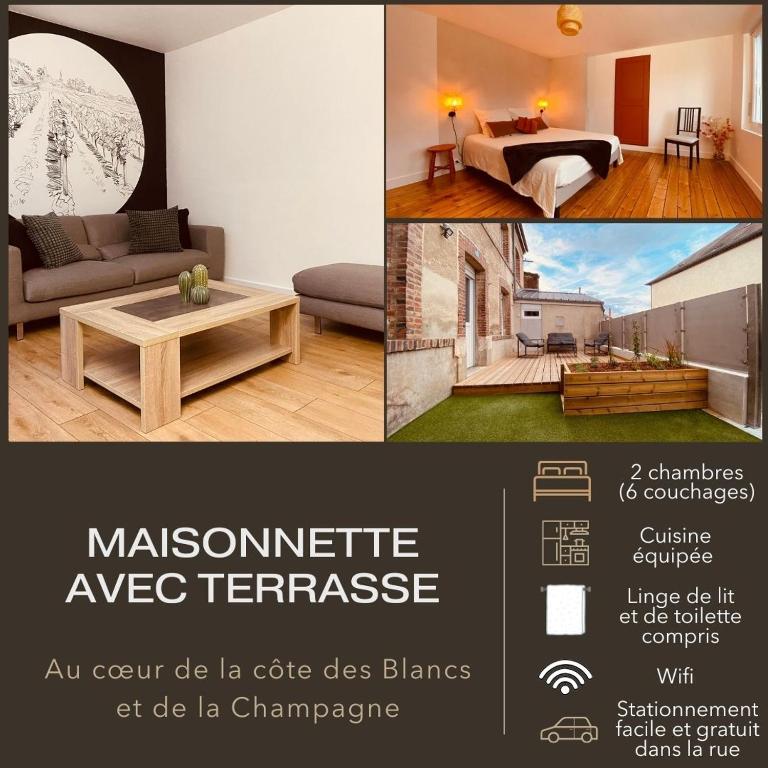 un collage de trois photos d'un salon dans l'établissement La P'tite Maison Vaudon, à Avize