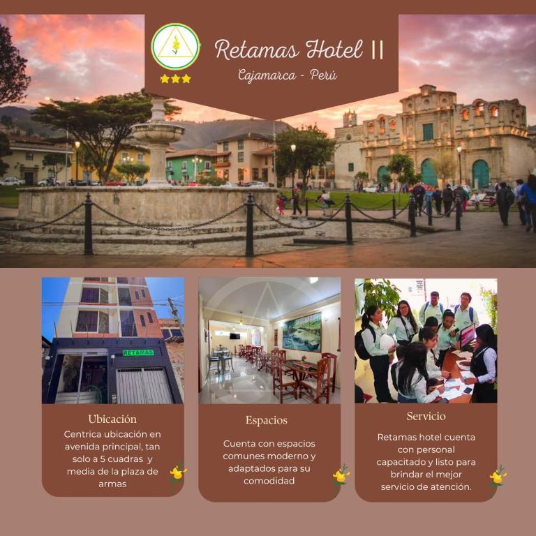 a collage of pictures of a building with people at Retamas Hotel 2 in Cajamarca