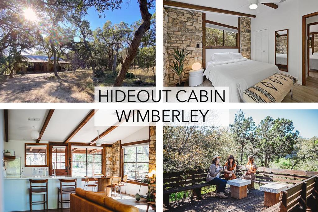 a collage of three pictures of a house at Hideout Cabin - private retreat just 15 mins from Wimberley! in Wimberley