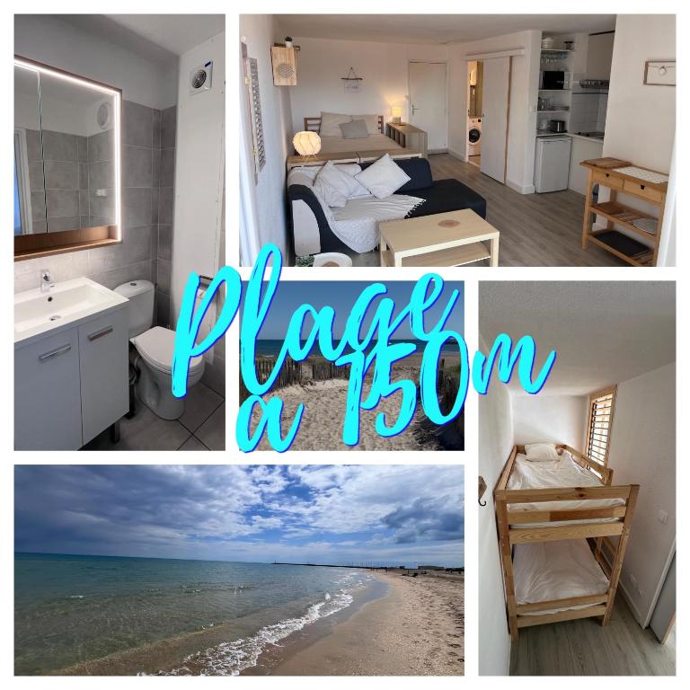 un collage de photos d'une chambre et d'une plage dans l'établissement cocon les sables d'or, à Marseillan