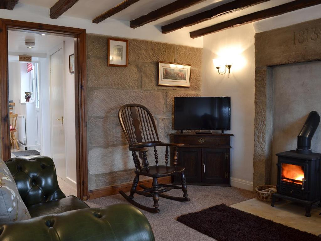 a living room with a fireplace and a television at Wild Flower Cottage in Youlgreave