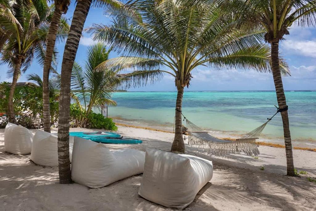 a hammock on a beach with palm trees and the ocean at New 3BR Private Beachfront Villa with Pool at Soliman in Tulum
