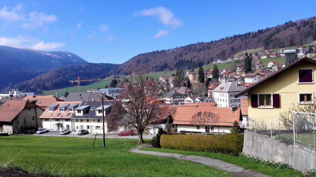 ein Dorf mit Häusern und Bergen im Hintergrund in der Unterkunft Big Villa in Sainte-croix in Sainte-Croix VD