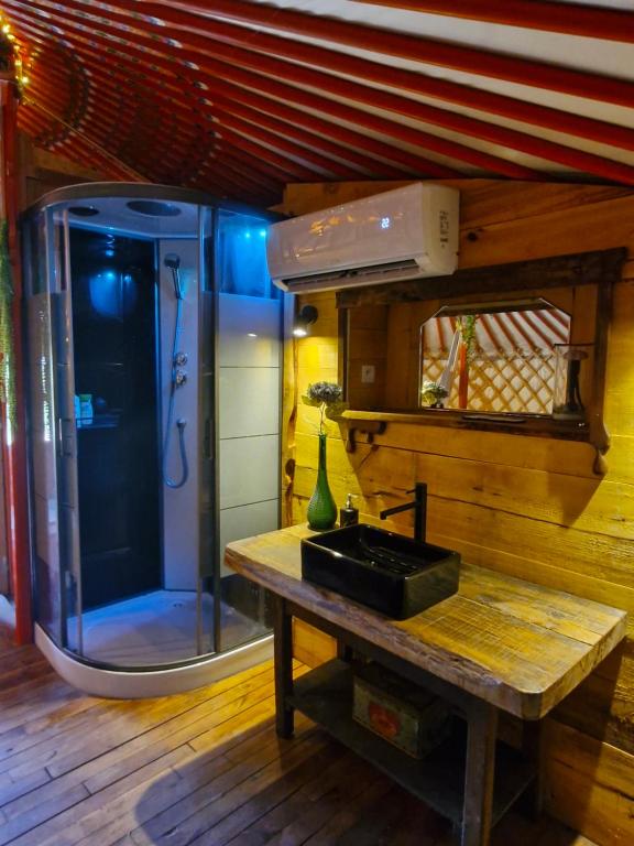 une salle de bain avec un lavabo et une douche dans l'établissement Yourte en pleine nature, 