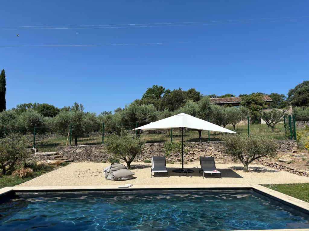 une piscine avec deux chaises et un parasol dans l'établissement Le Jardin des Graminées, à Cabrières-dʼAvignon