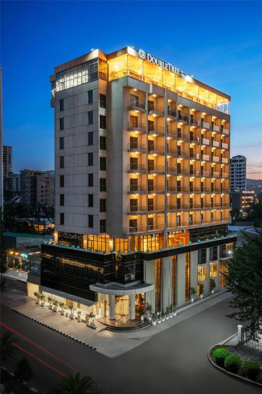 亚的斯亚贝巴Doubletree By Hilton Addis Ababa Airport的酒店建筑的夜间效果图