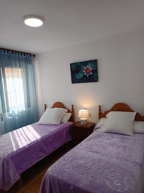 two beds in a room with purple sheets at B&B Santiago de Redecilla del camino in Redecilla del Camino