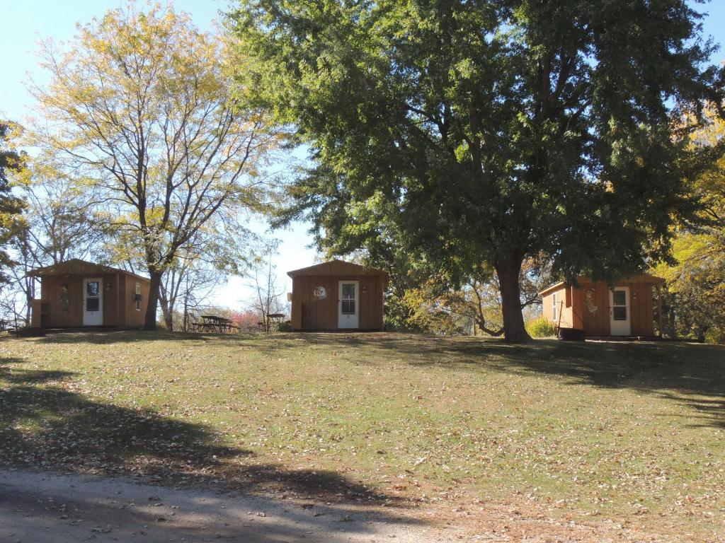 due piccoli cottage all'ombra di un albero di O'Connell's RV Campground Studio Cabin 1 a Inlet