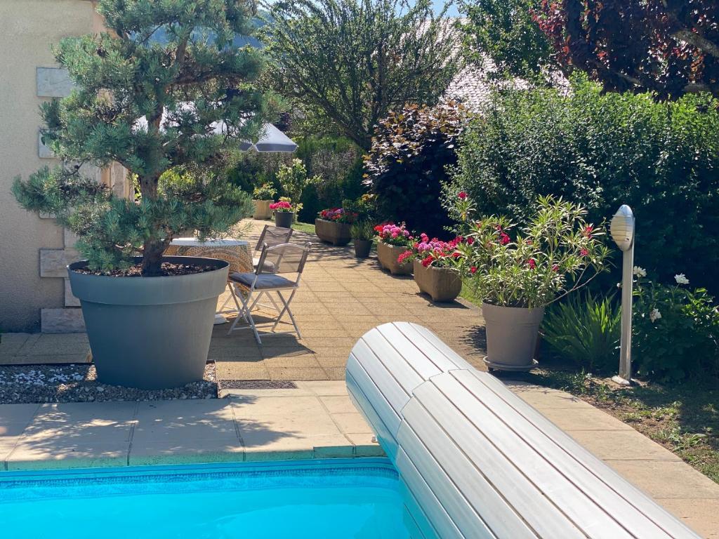a swimming pool in a garden with potted plants at Au coeur du Gévaudan appartement de plain pied in Marvejols