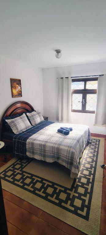 a bedroom with a bed with a blanket and a rug at Apartamento dos Arcos in Teresópolis