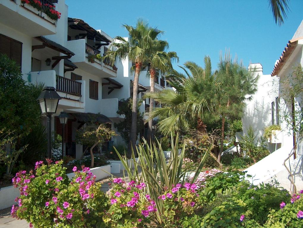 un patio de un edificio con flores y palmeras en Apartamentos Marino Casa Azahar, en Alcossebre