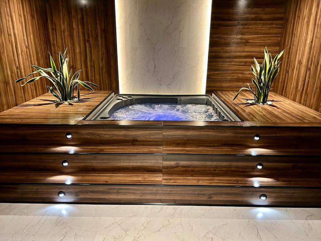 a jacuzzi tub with two plants in it at Dual Experience Love Room pour 2 à 4 personnes in Port-de-Bouc