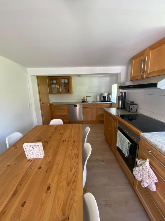 eine große Küche mit einem Holztisch und Stühlen in der Unterkunft M1 Ferienwohnung in Uttenweiler