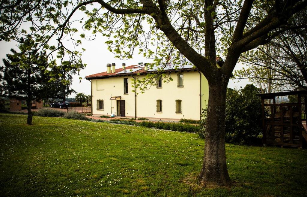 a white house with a tree in a field at B&B Magic in Dozza