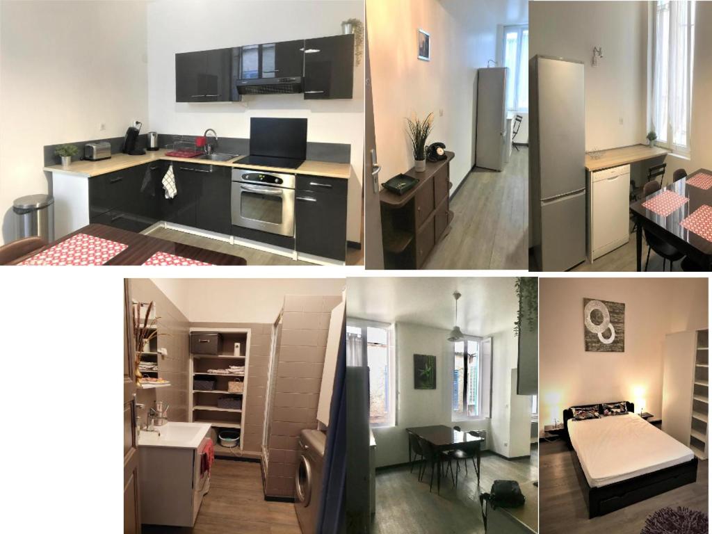 - deux photos d'une cuisine et d'un salon dans l'établissement Grand appartement 4 couchages la Ciotat près de tout, à La Ciotat