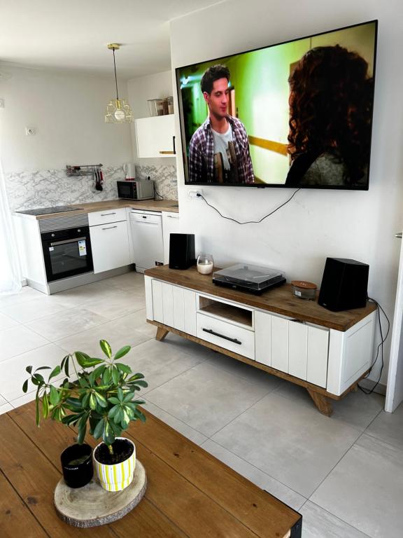 un salon avec une télévision à écran plat sur un mur dans l'établissement T3 Centre ville, à Ajaccio