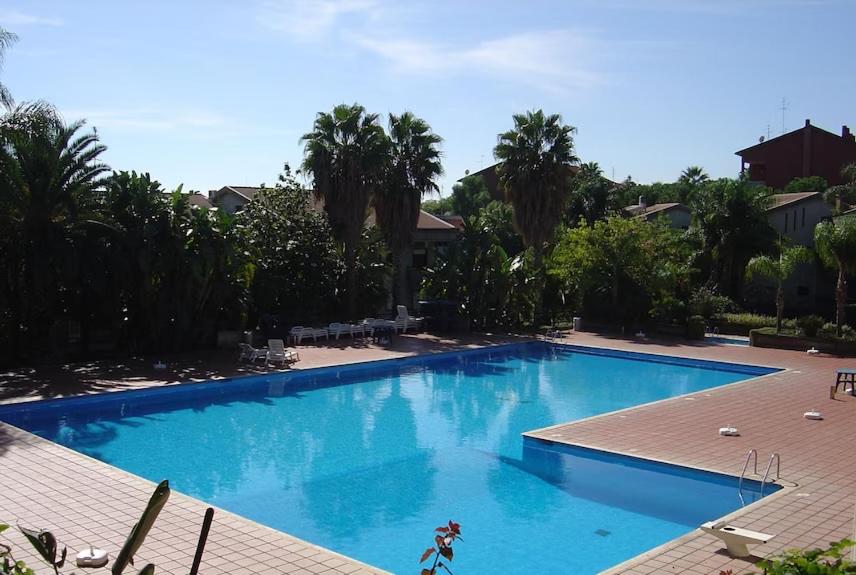 duży błękitny basen z palmami w obiekcie Calipso Bed&Breakfast w Katanii