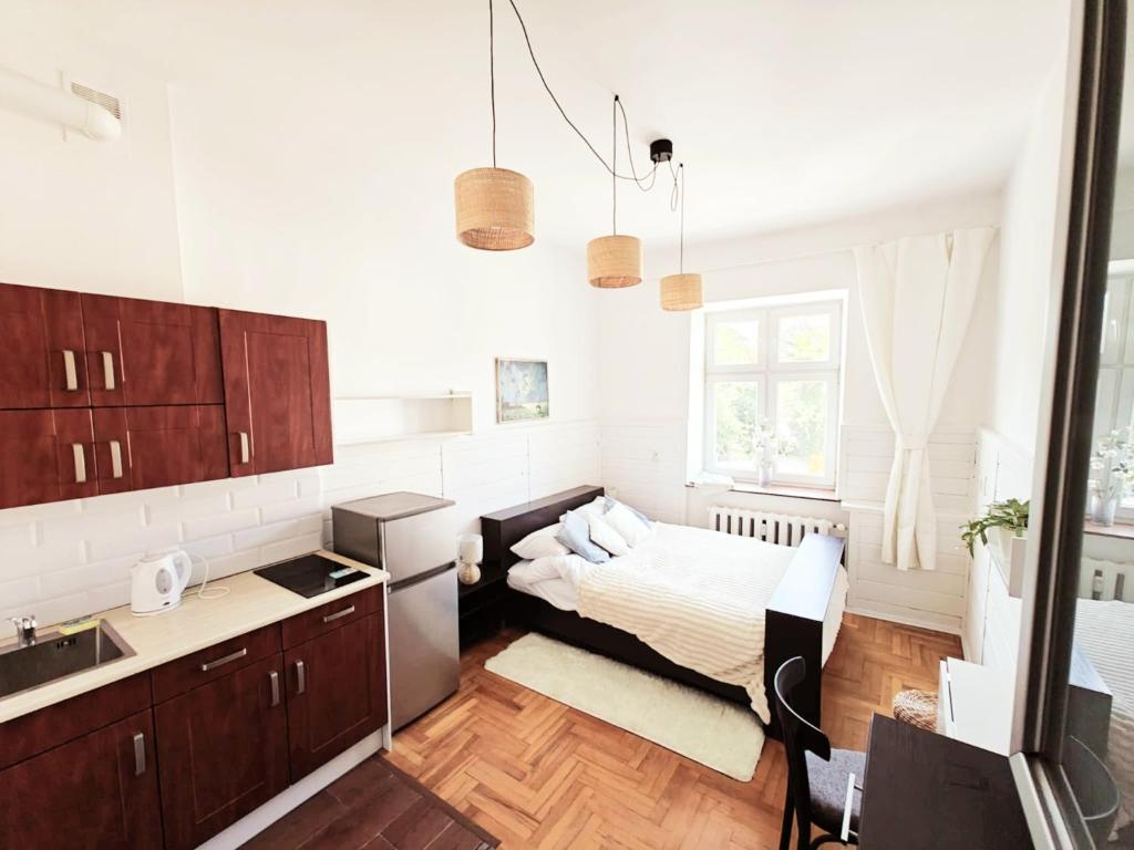 a kitchen with a bed and a sink in a room at Old Town View in Rzeszów