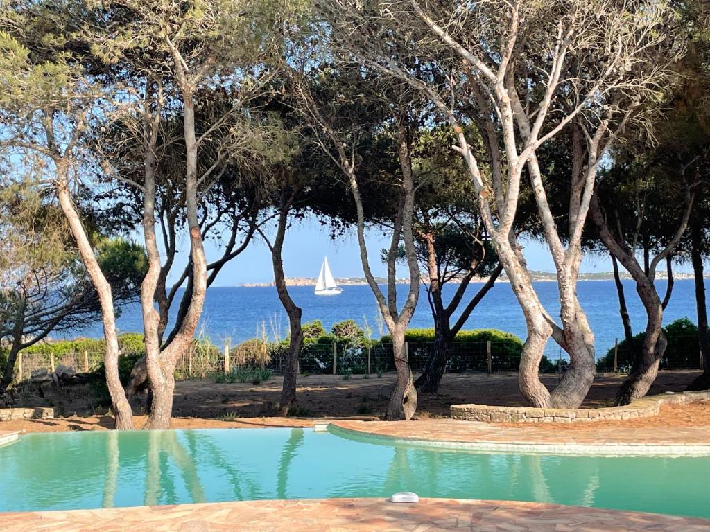 - une piscine avec des arbres et un voilier dans l'eau dans l'établissement La Maison sur la plage - Les pieds dans l'eau, à Bonifacio